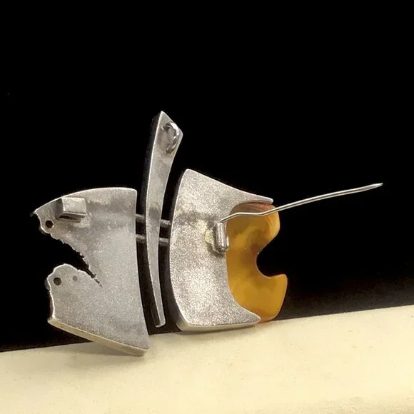 Sterling Silver Artisan Amber Art Deco Brooch/ Pendant Vintage 51 Grams 3”